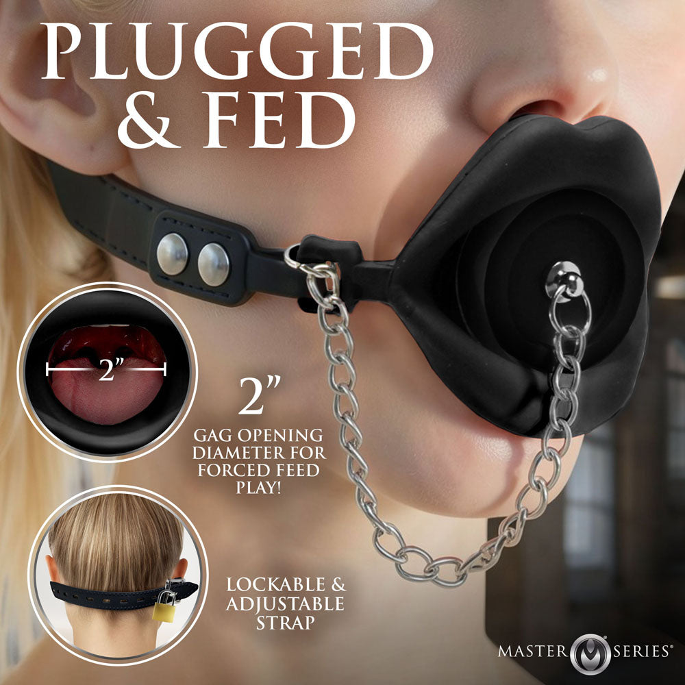 Master Series Plugged - Black Lips Silicone Feeding Mouth Gag