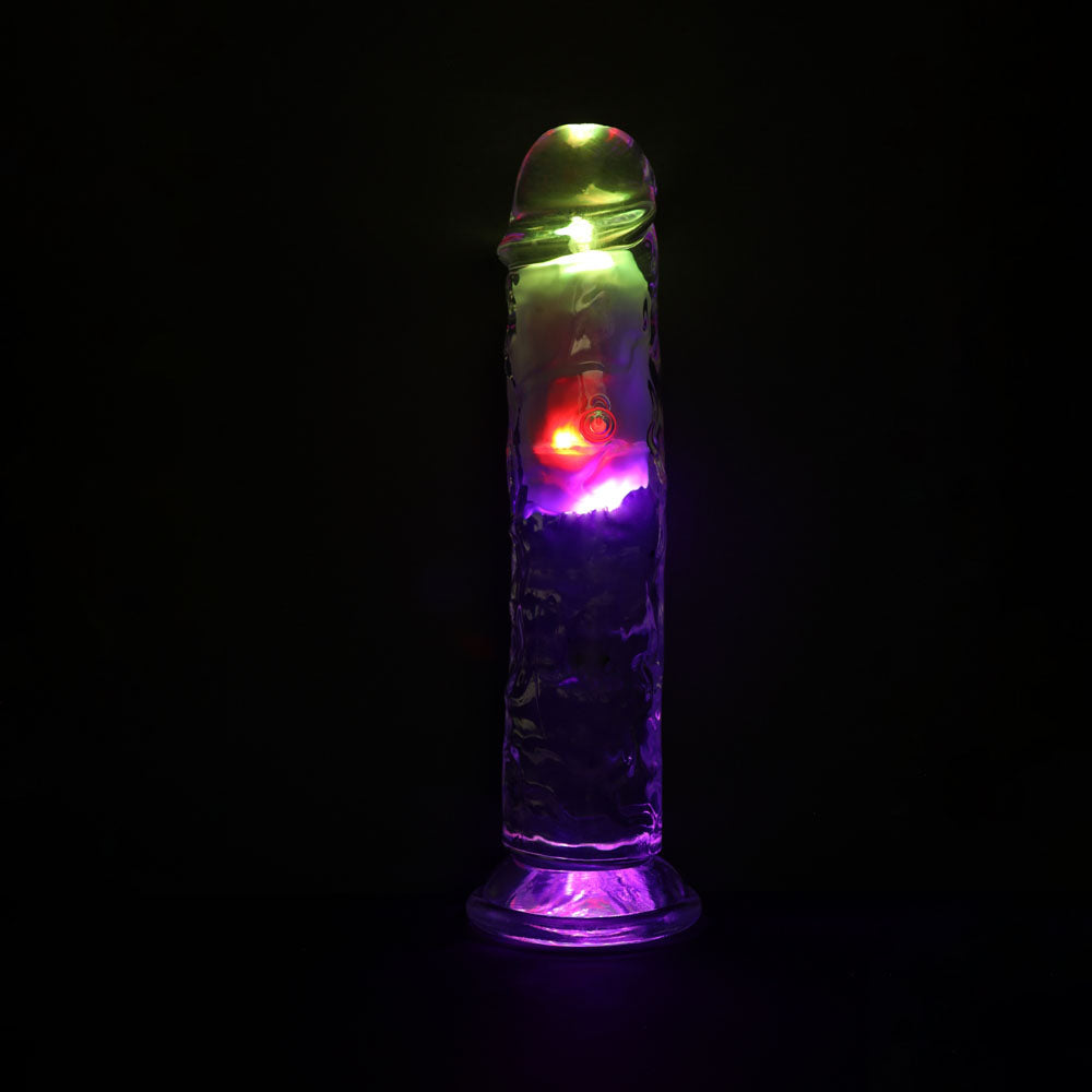 REALROCK 8'' No Balls Wireless Rechargeable LED Vibrating Dong - Clear with LED 22 cm USB Rechargeable Vibrating Dong with Remote