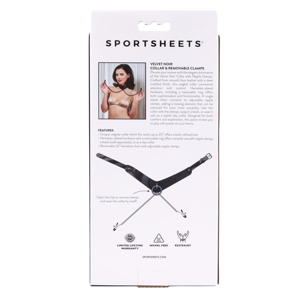 SPORTSHEETS Velvet Noir Collar & Removable Clamps - Black Neck & Nipple Restraints