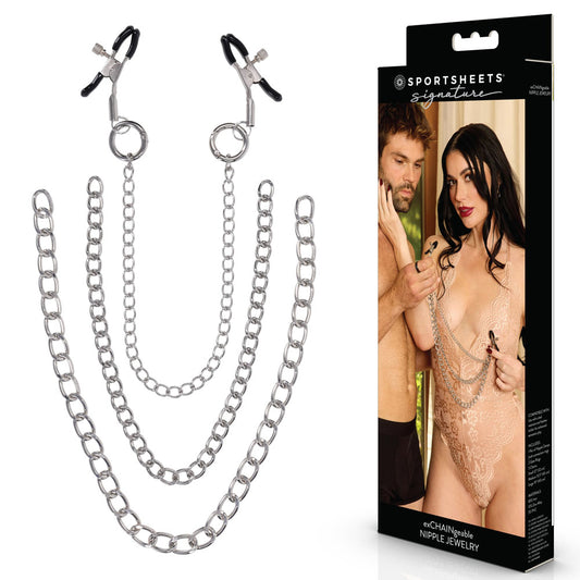 SPORTSHEETS Signature exCHAINgeable Nipple Jewelry - Silver Nipple Clamps with Chain